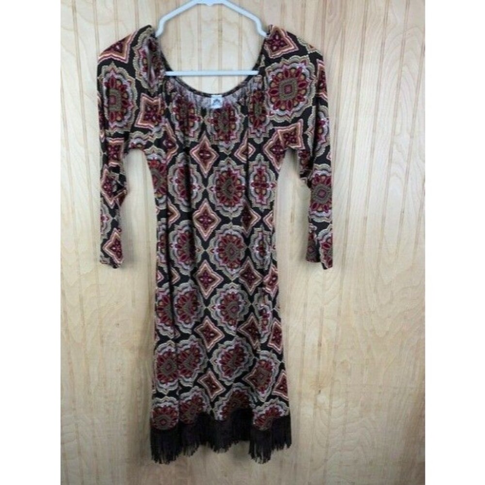 Honeyme Size Womens Dress Brown PPrint Fringe Long Sleeve Elastic Neck
